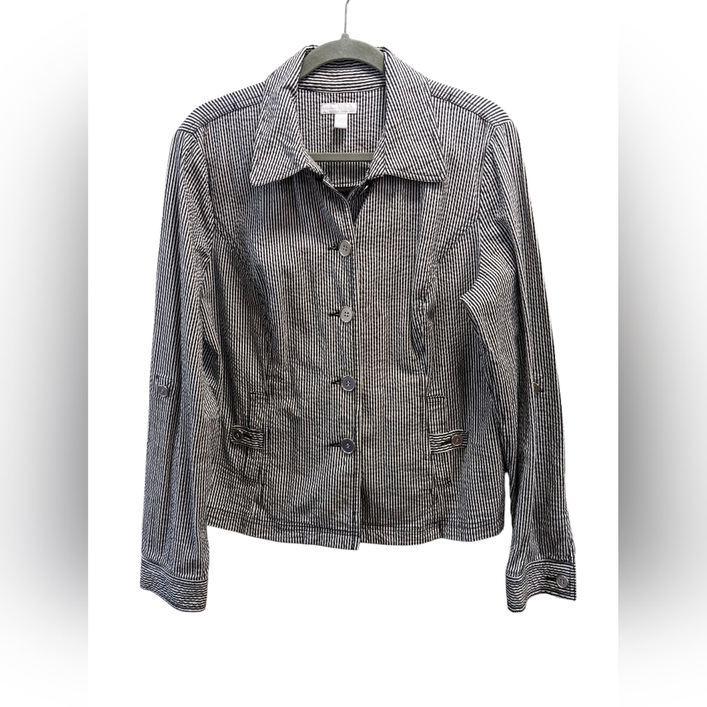Charter Club Black & White Seersucker Utility Jacket Tabbed Sleeves Size XL